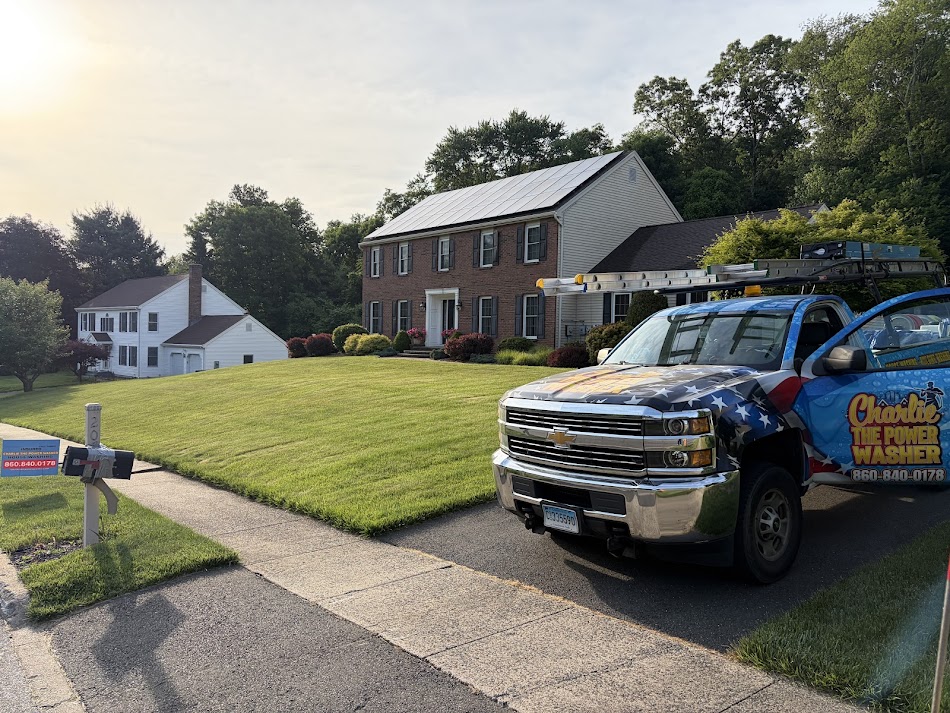 Soft washing and pressure washing this beautiful home in Cheshire, CT